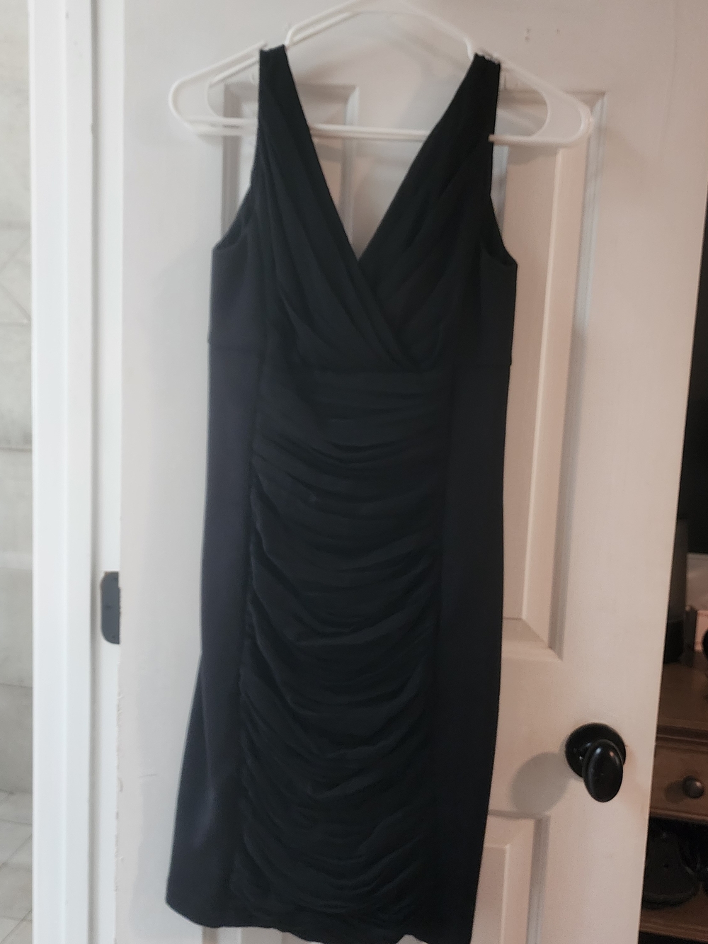 White House Black Market Classic Black Ruched V-Neck Women's Dress